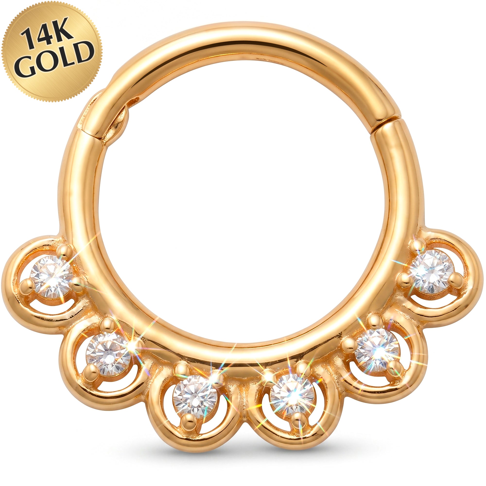 18G 5/16 Solid 14k Yellow Gold CZ Celestial Orbit Hinged Segment Clicker Ring