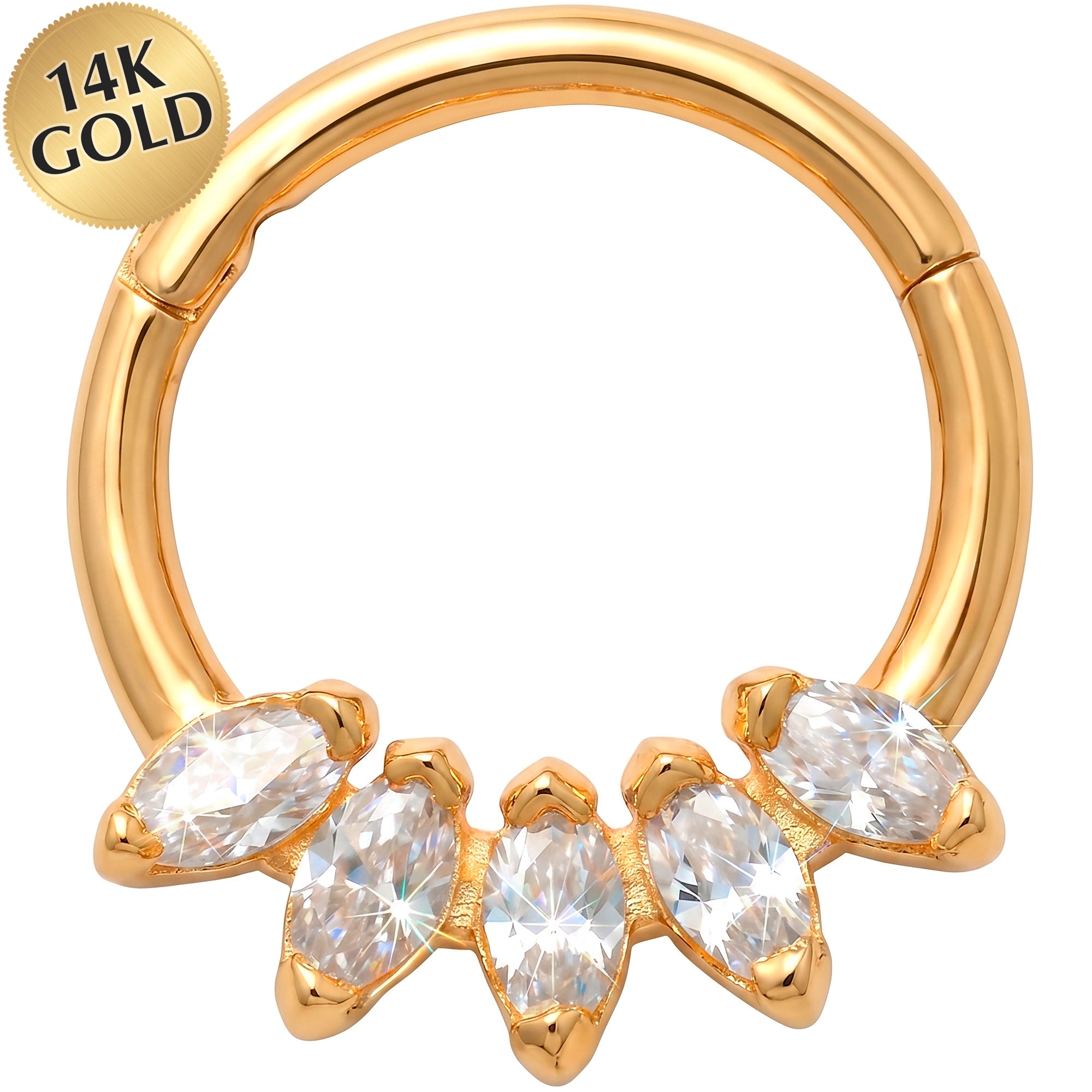 18G 5/16 Solid 14k Yellow Gold CZ Marquise Lotus Crown Hinged Segment Clicker Ring