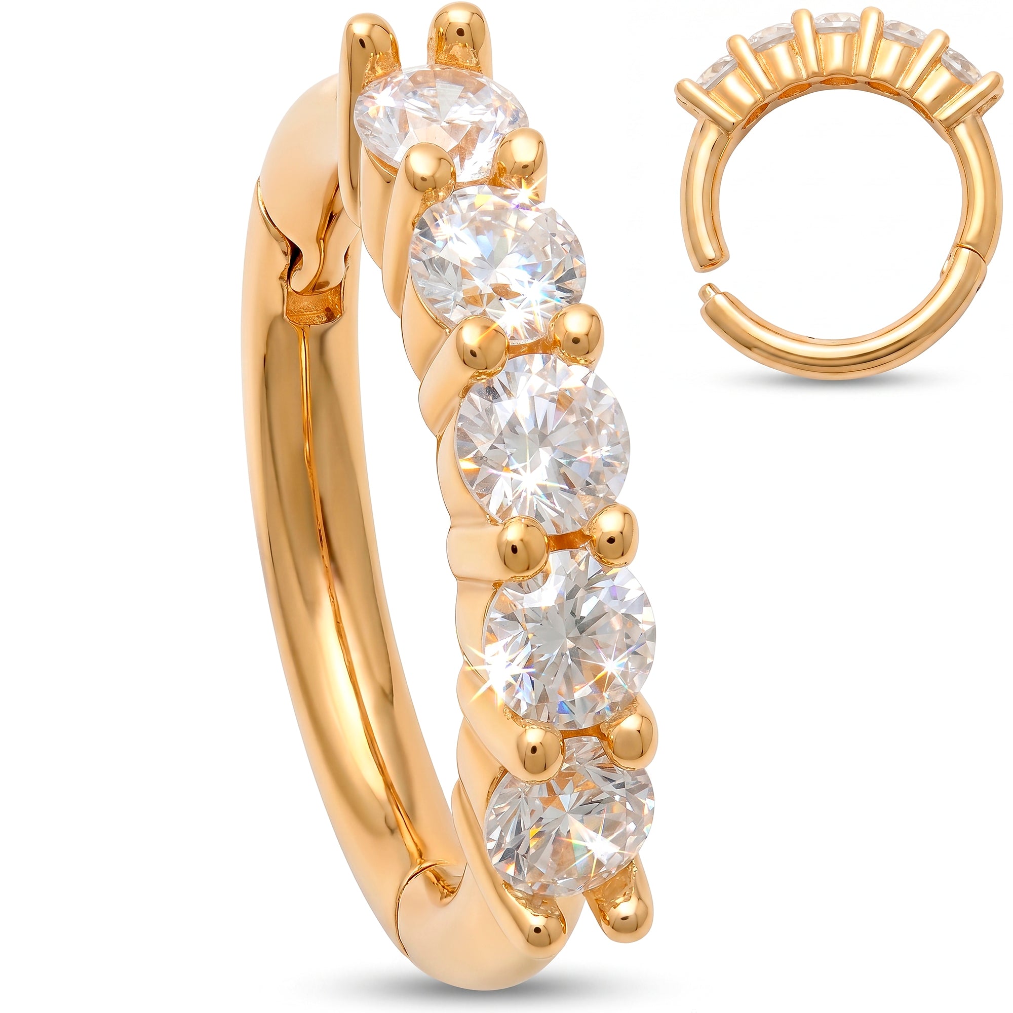 16G 5/16 Solid 14k Yellow Gold CZ Forward Facting Five Stone Radiance Hinged Segment Clicker Ring
