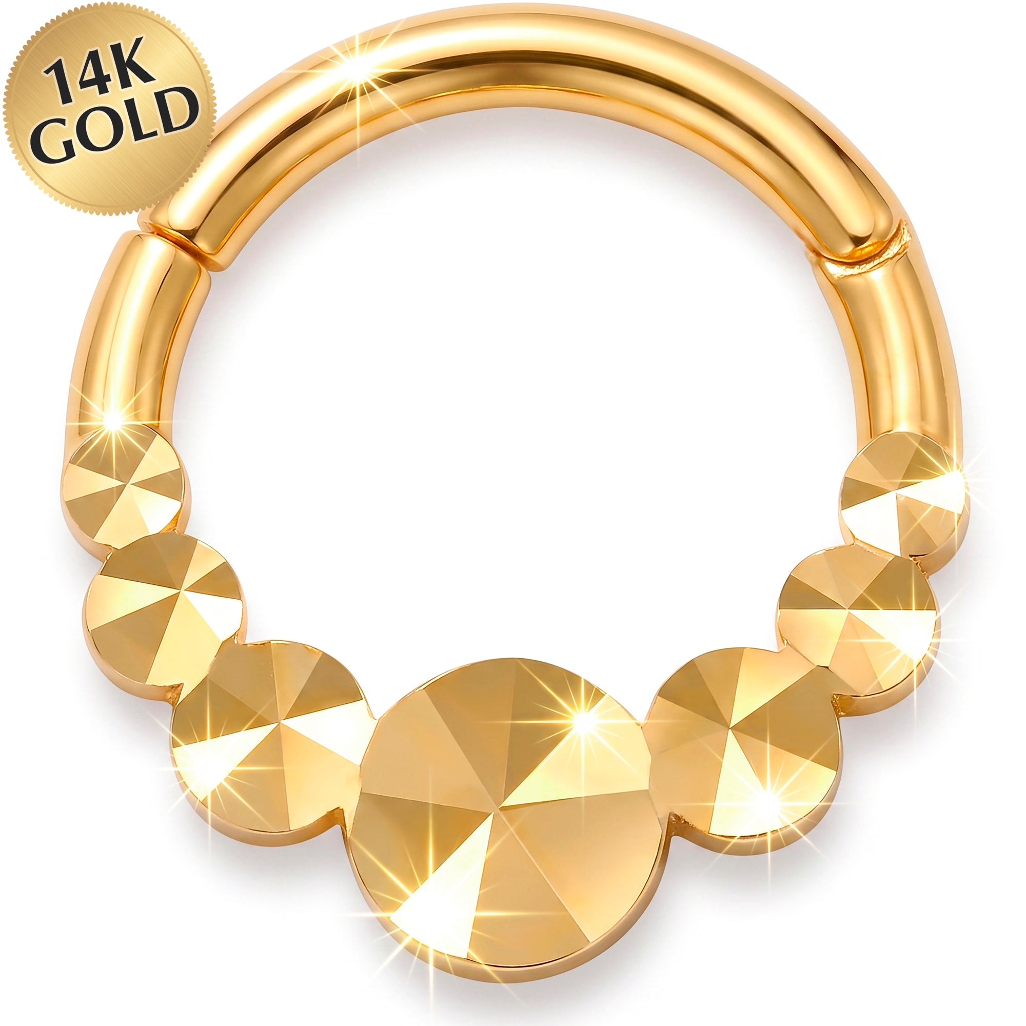 16G 5/16 Solid 14k Yellow Gold Diamond Cut Golden Bubbles Hinged Segment Clicker Ring