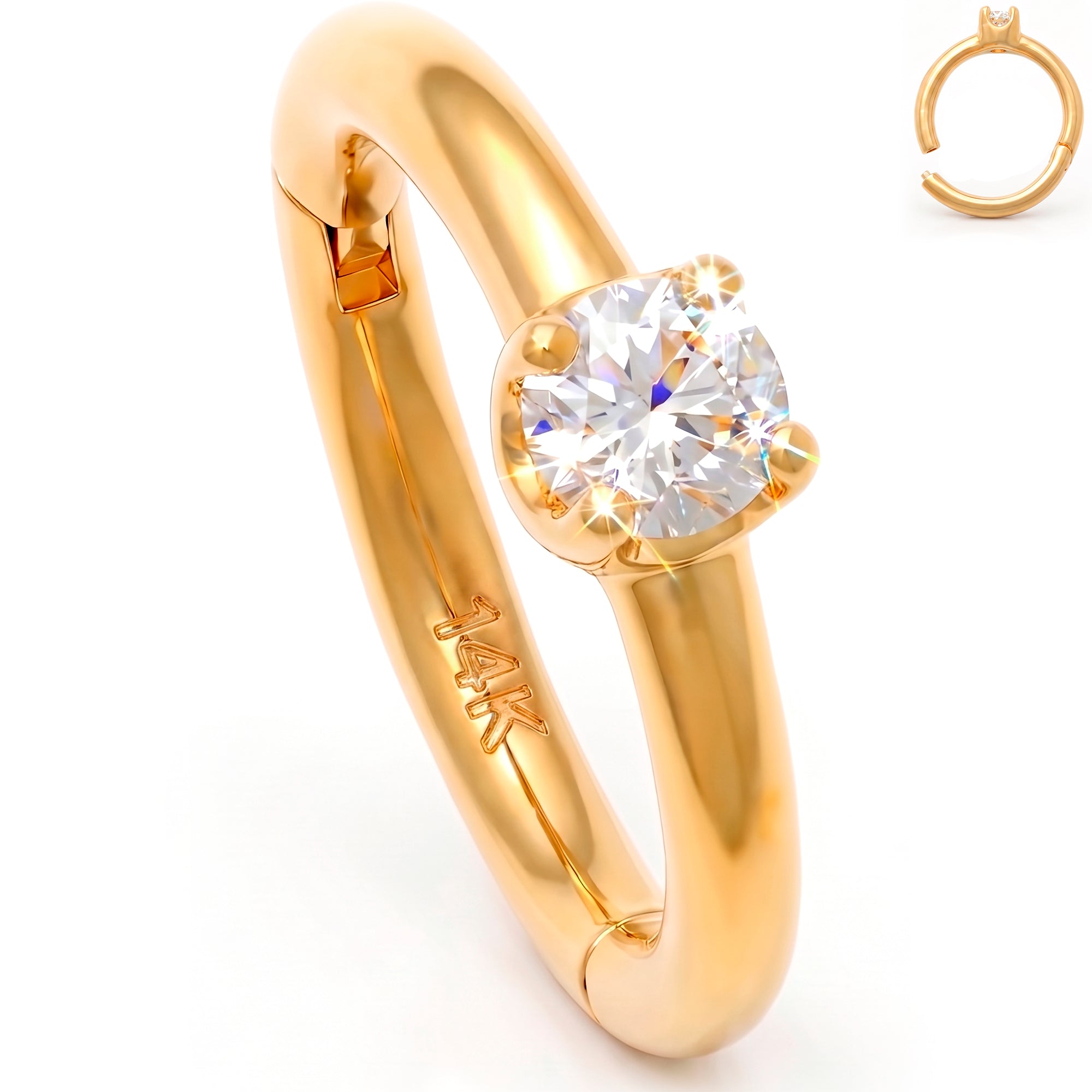 16G 5/16 Solid 14k Yellow Gold Forward Facing CZ Solitaire Hinged Segment Clicker Ring