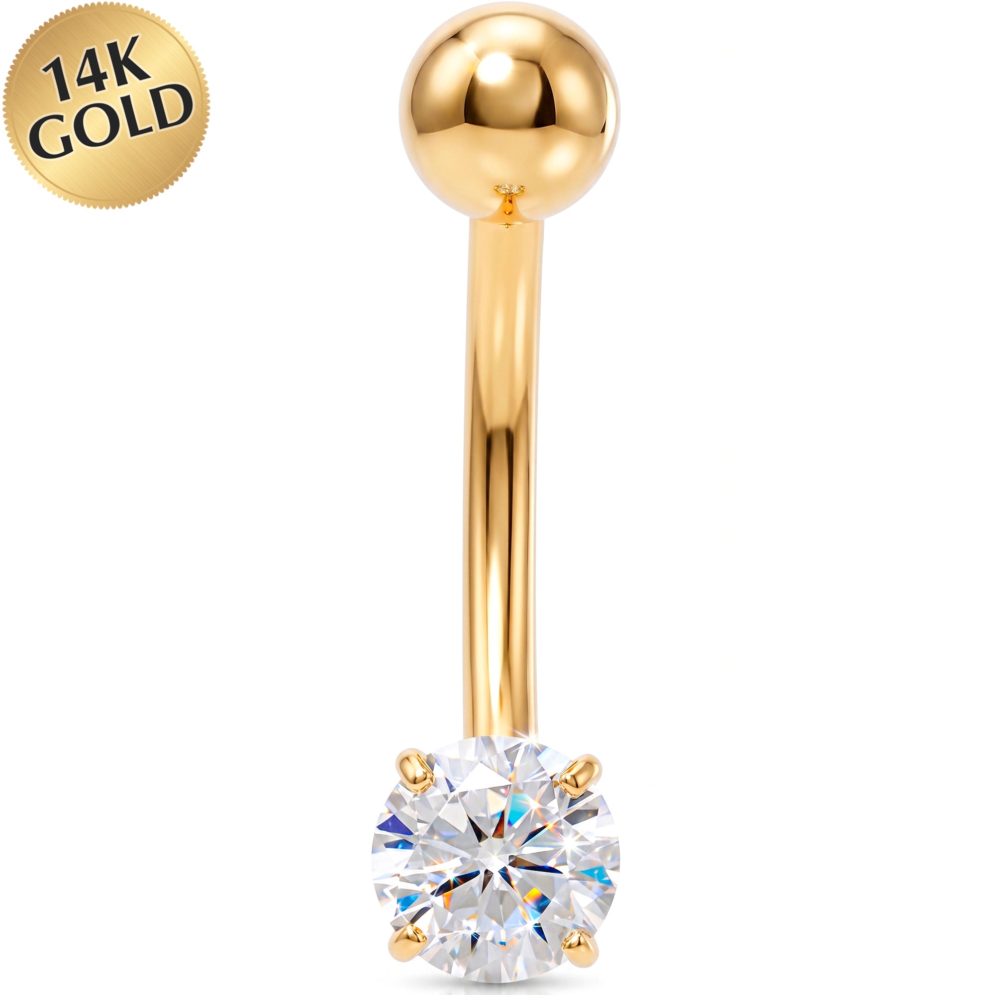 14k Gold Belly Piercing Jewelry - Round Cubic Zirconia Belly Ring