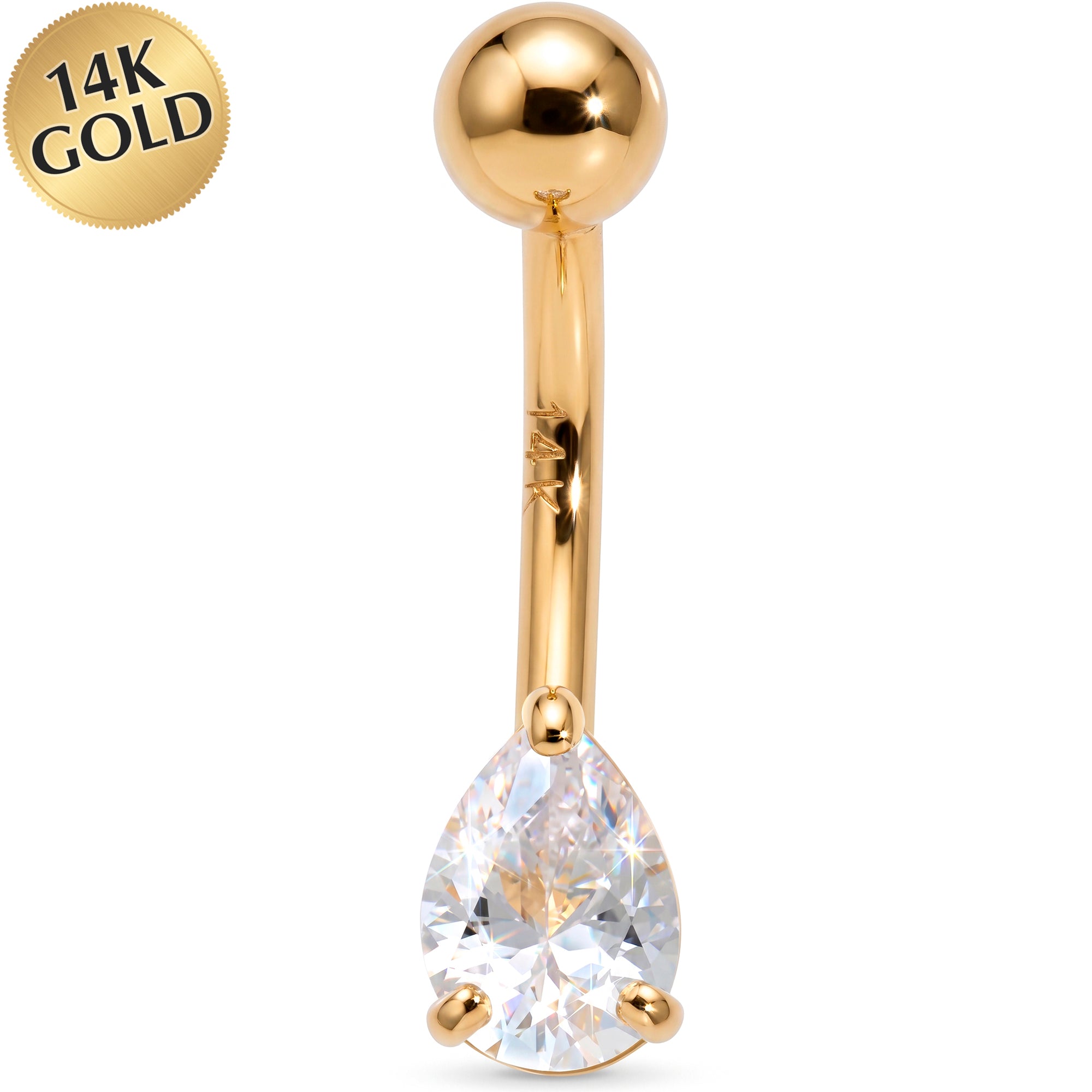 14k Gold Belly Piercing Jewelry - 7mm Pear Cubic Zirconia Belly Ring