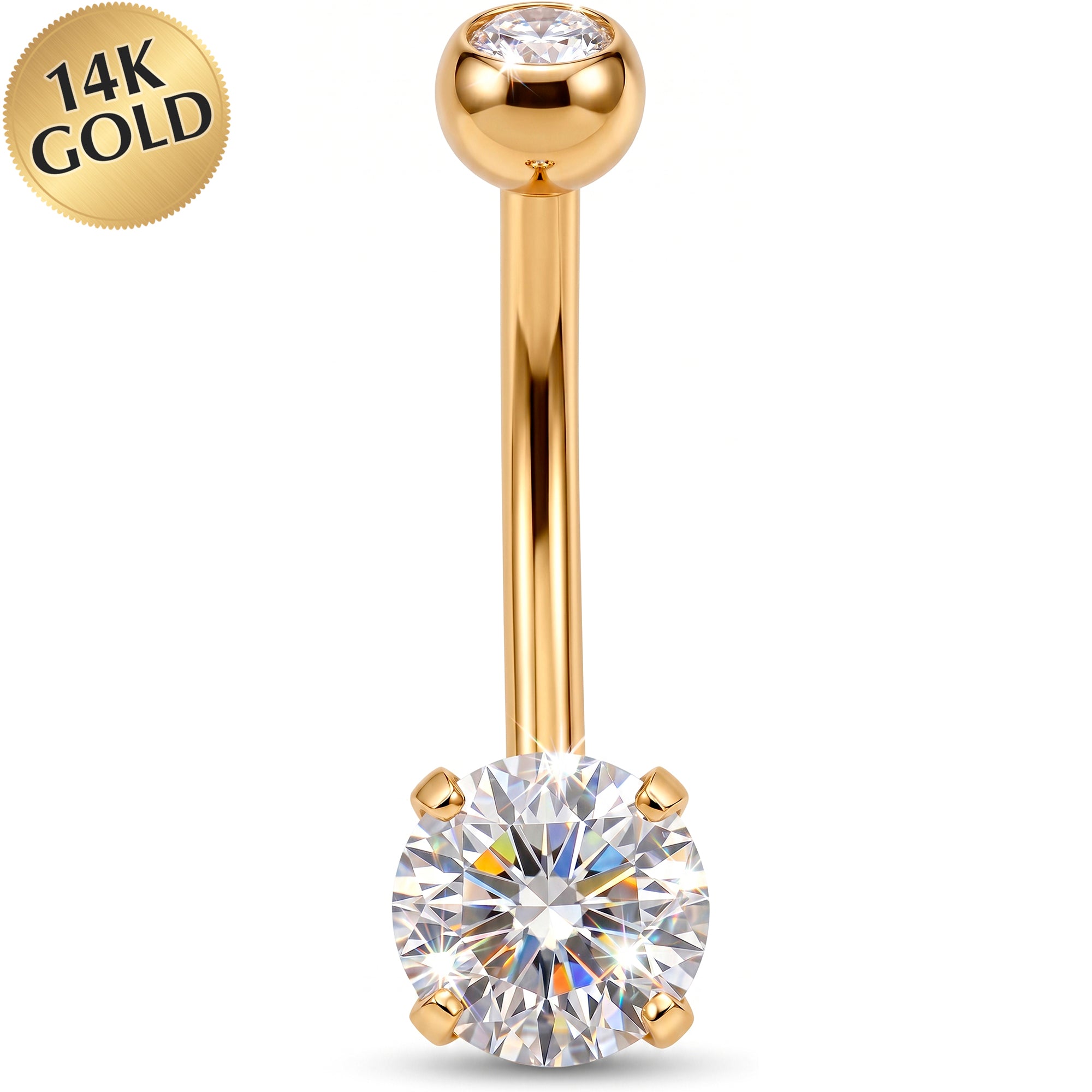 14k Gold Belly Piercing Jewelry - Double Gem CZ 5mm Cubic Zirconia Belly Ring