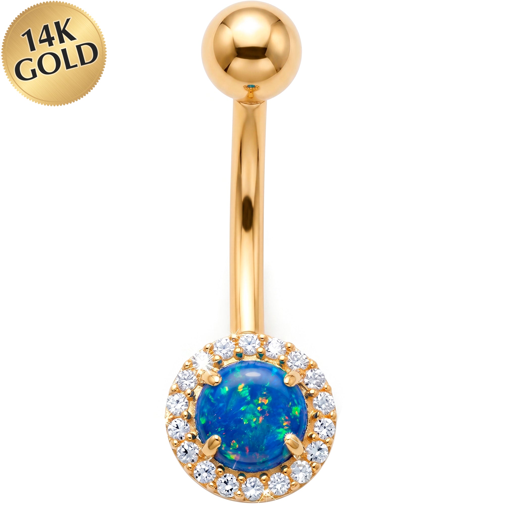 14k Gold Belly Piercing Jewelry - Synthetic Opal CZ Ocean Halo Belly Ring