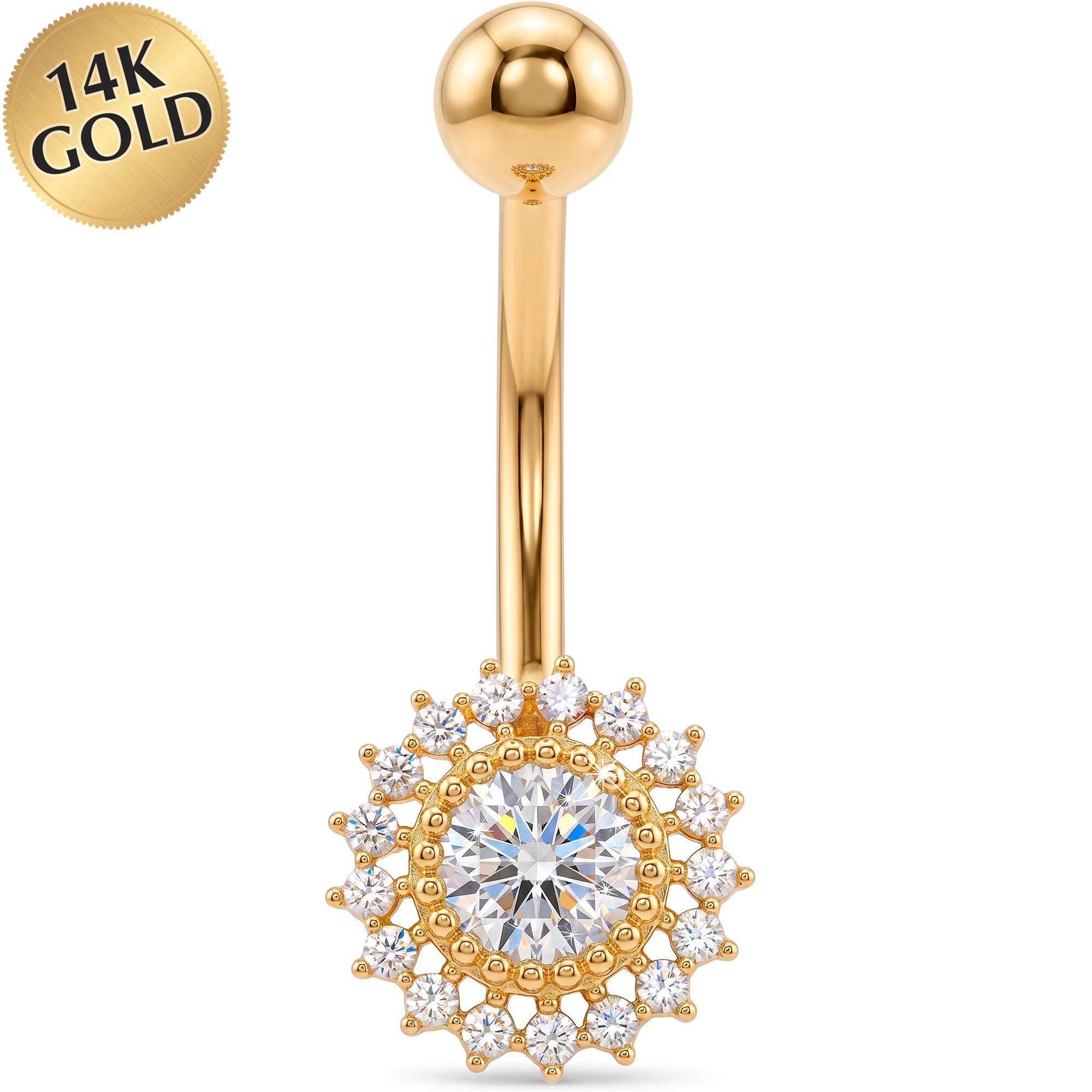 14k Gold Belly Piercing Jewelry - Radiant Soleil Solid 14K Gold Halo Belly Ring