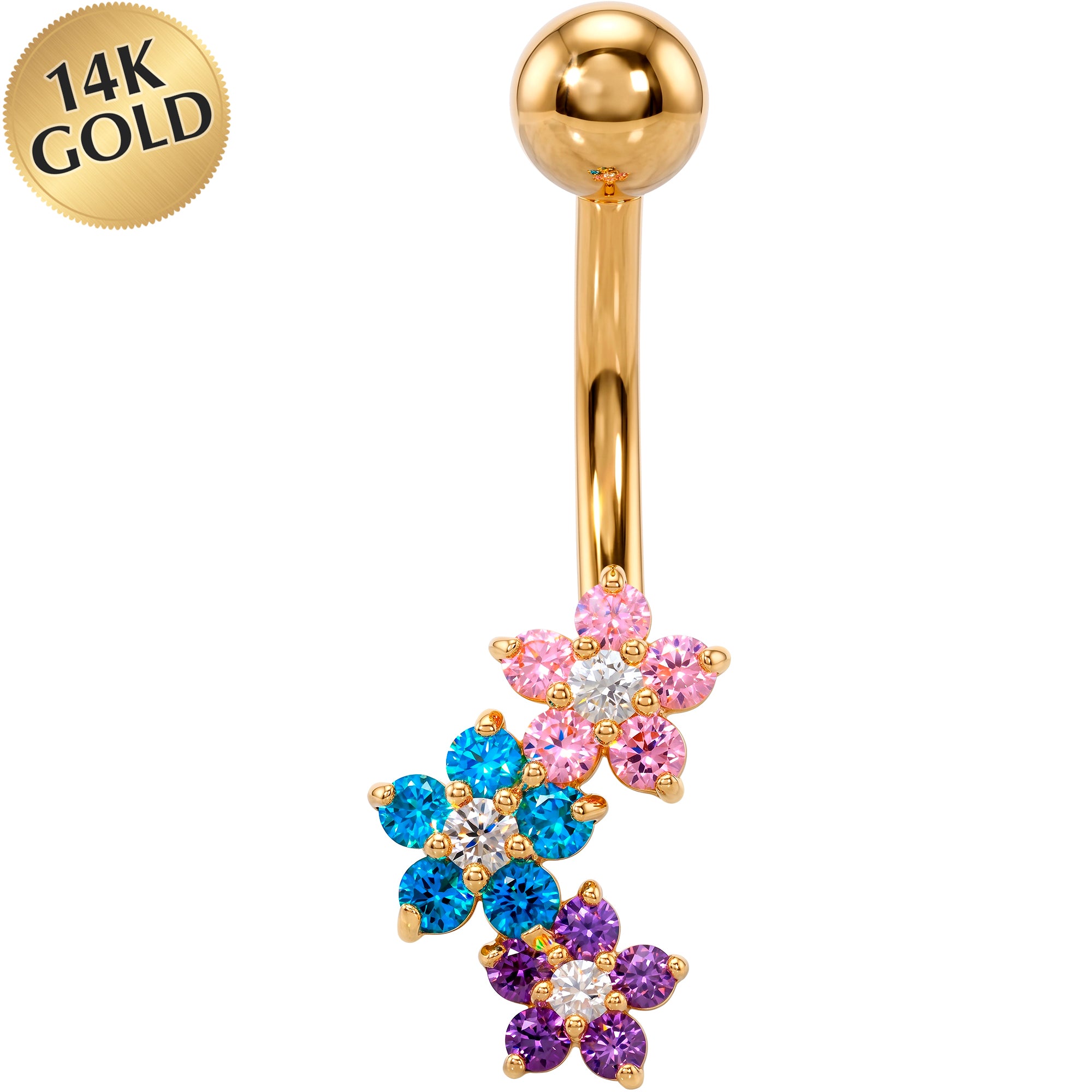 14k Gold Belly Piercing Jewelry - Colorful CZ Wildflower Bloom Belly Ring