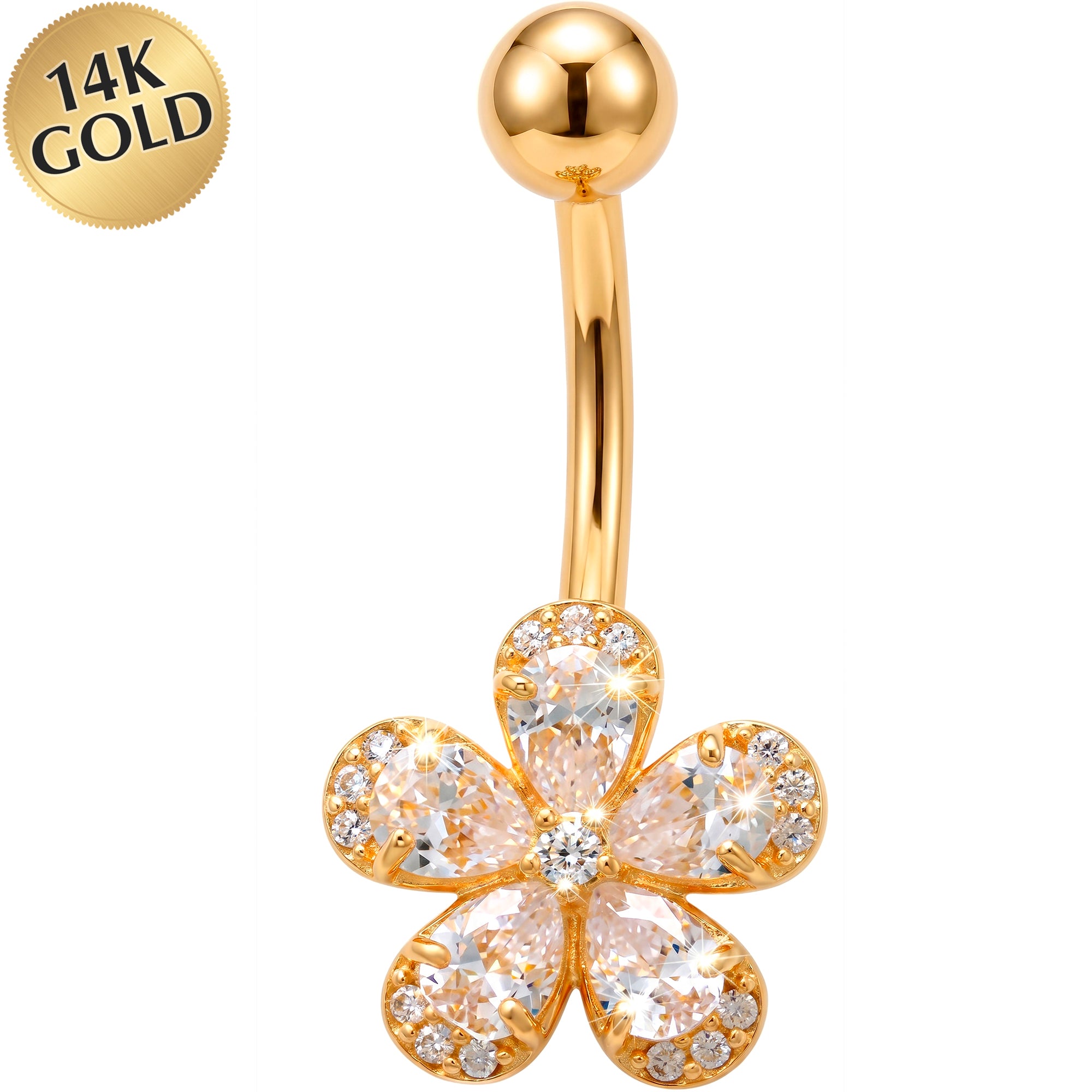 14k Gold Belly Piercing Jewelry - CZ Flower Island Blossom Belly Ring