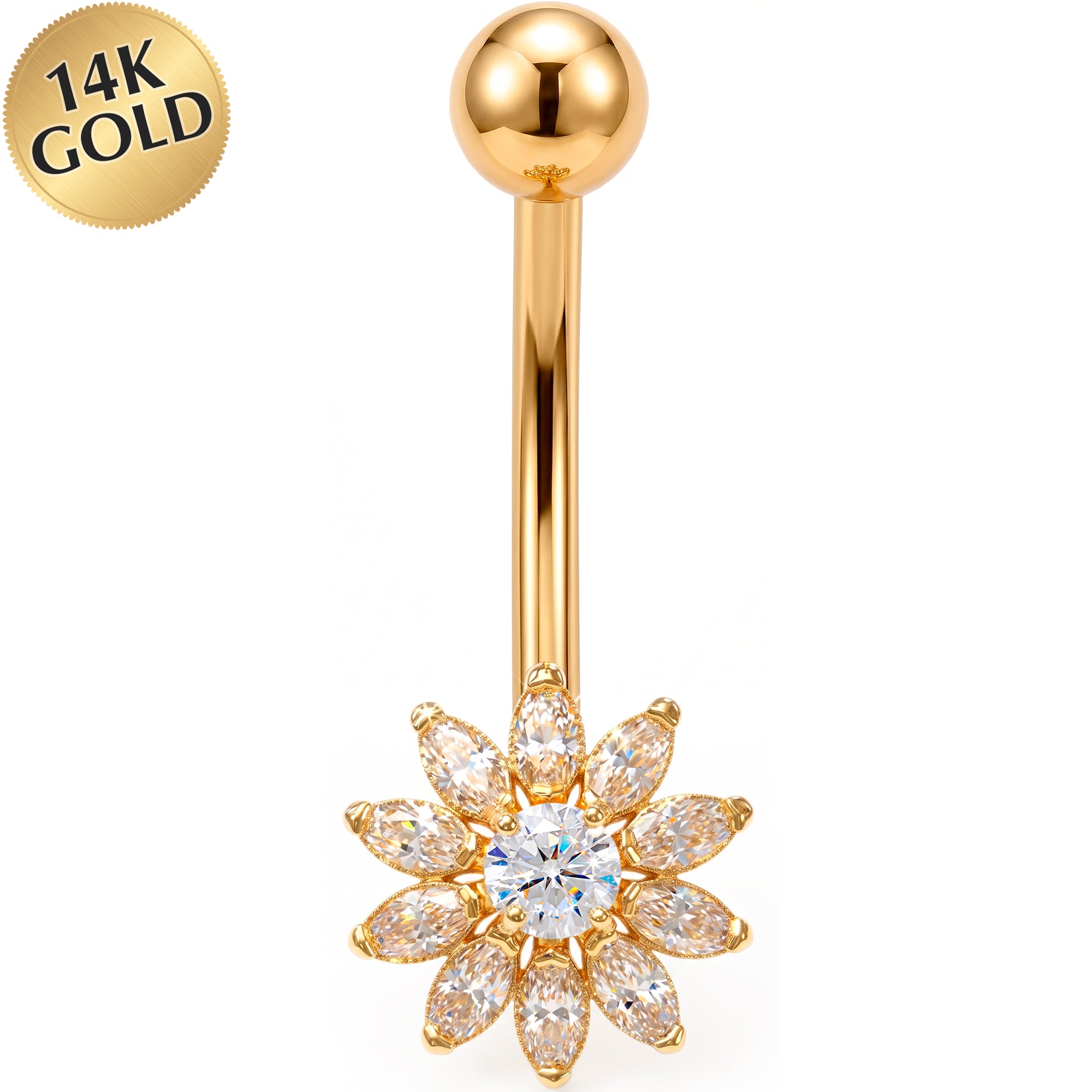 14k Gold Belly Piercing Jewelry - CZ Sunburst Flower Bloom Belly Ring