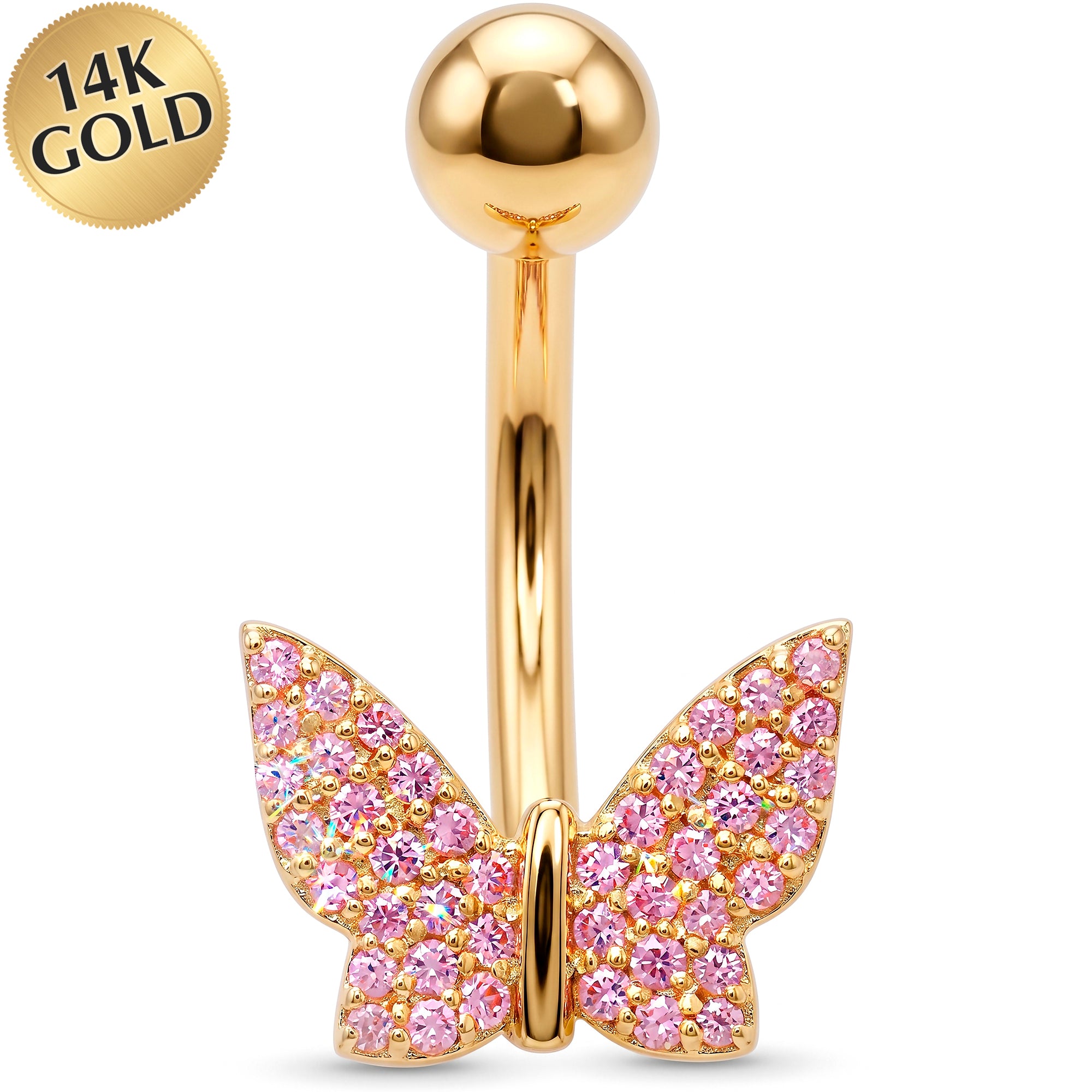 14k Gold Belly Piercing Jewelry - Pink CZ Blushing Butterfly Belly Ring