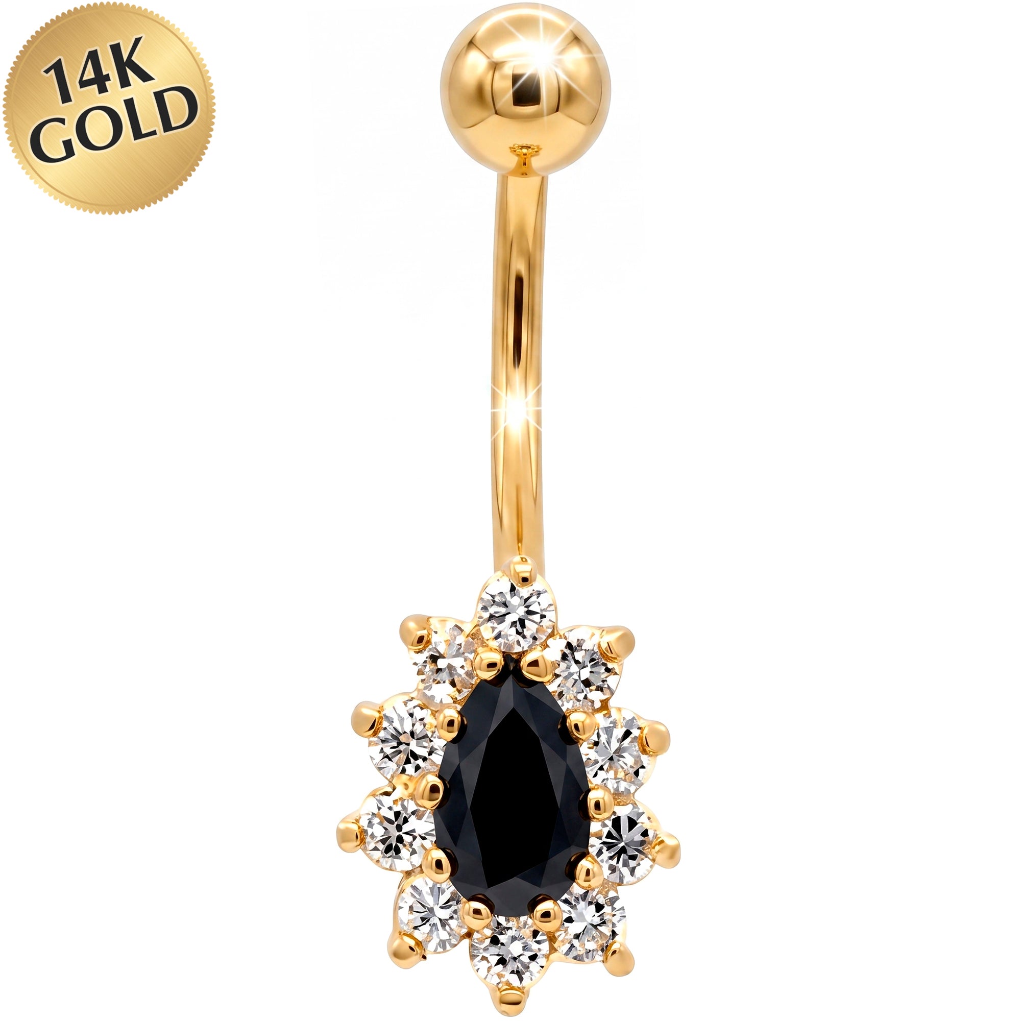 14k Gold Belly Piercing Jewelry - Black CZ Midnight Majesty Belly Ring