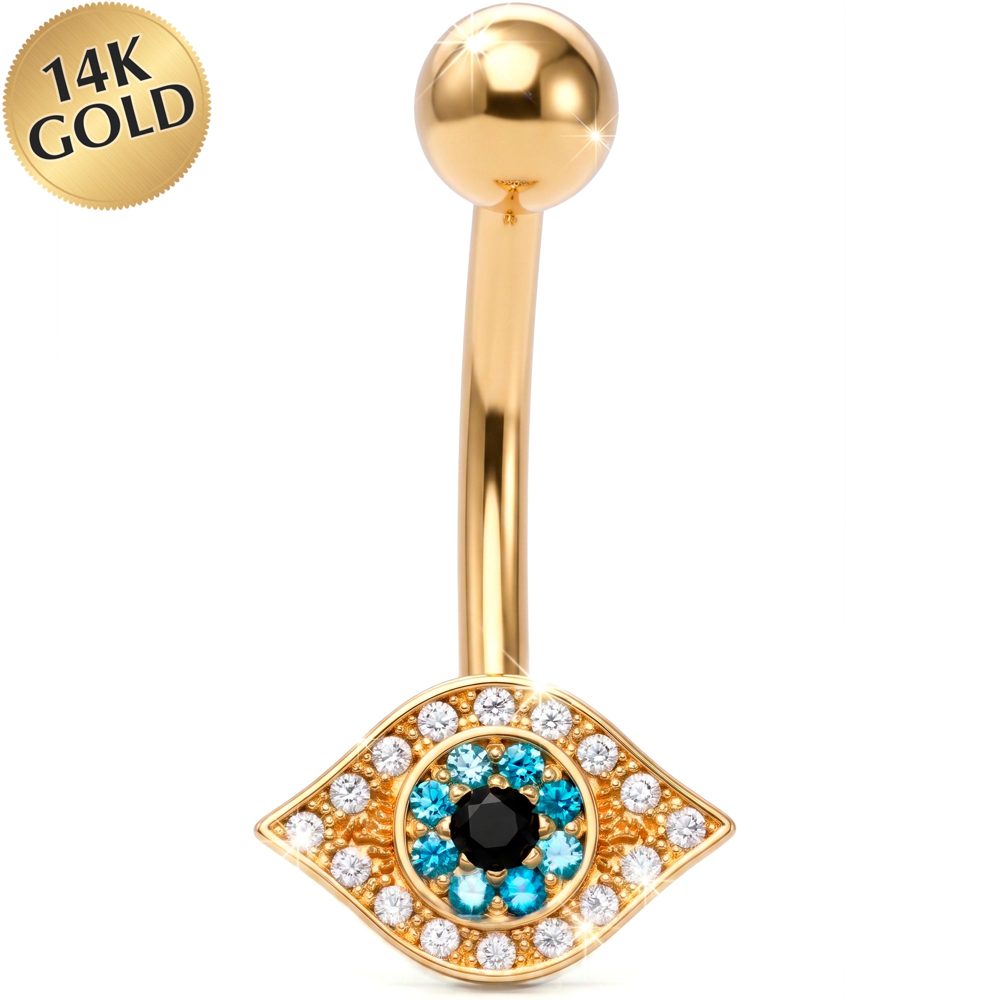 14k Gold Belly Piercing Jewelry - CZ Divine Protection Eye Belly Ring