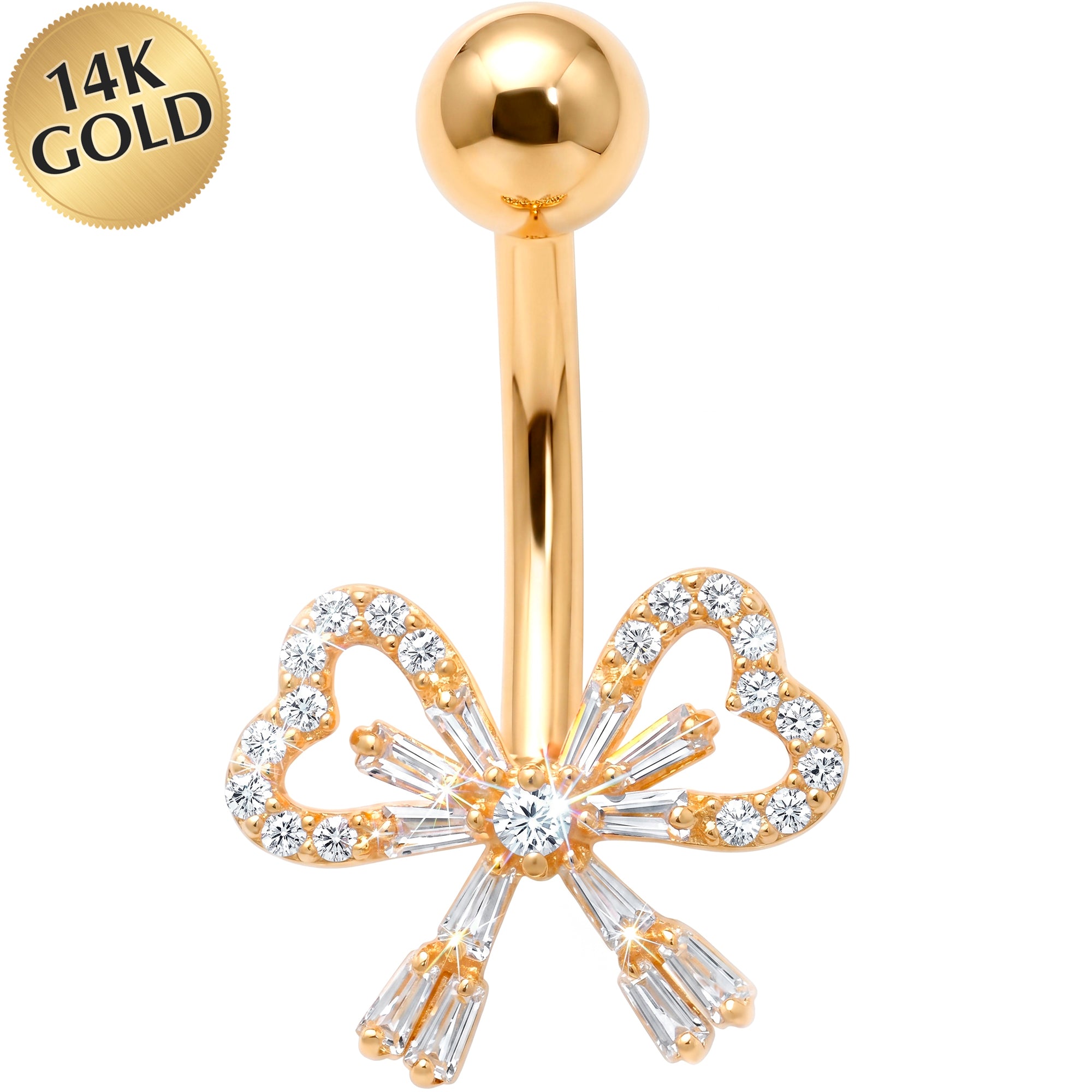 14k Gold Belly Piercing Jewelry - CZ Regal Ribbon Bow Belly Ring