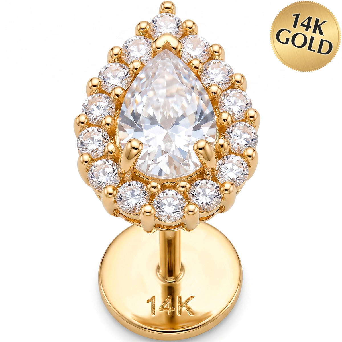 Solid 14k Yellow Gold Pear Halo Crown CZ 18G Flat Back Earring