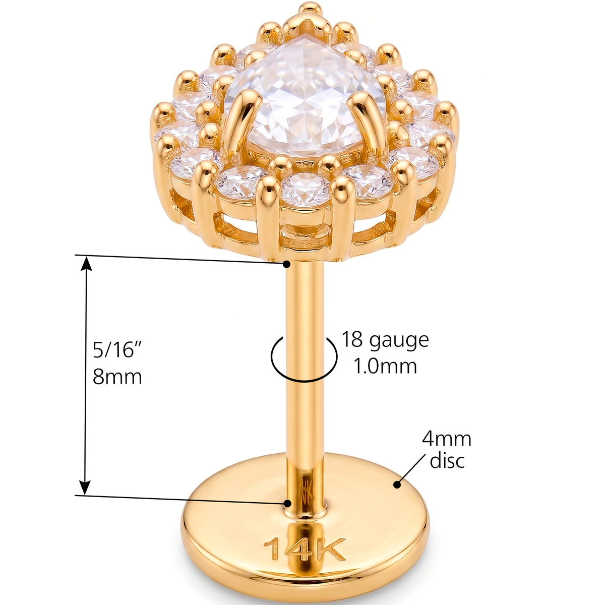 Solid 14k Yellow Gold Pear Halo Crown CZ 18G Flat Back Earring