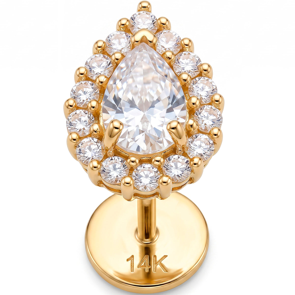Solid 14k Yellow Gold Pear Halo Crown CZ 18G Flat Back Earring