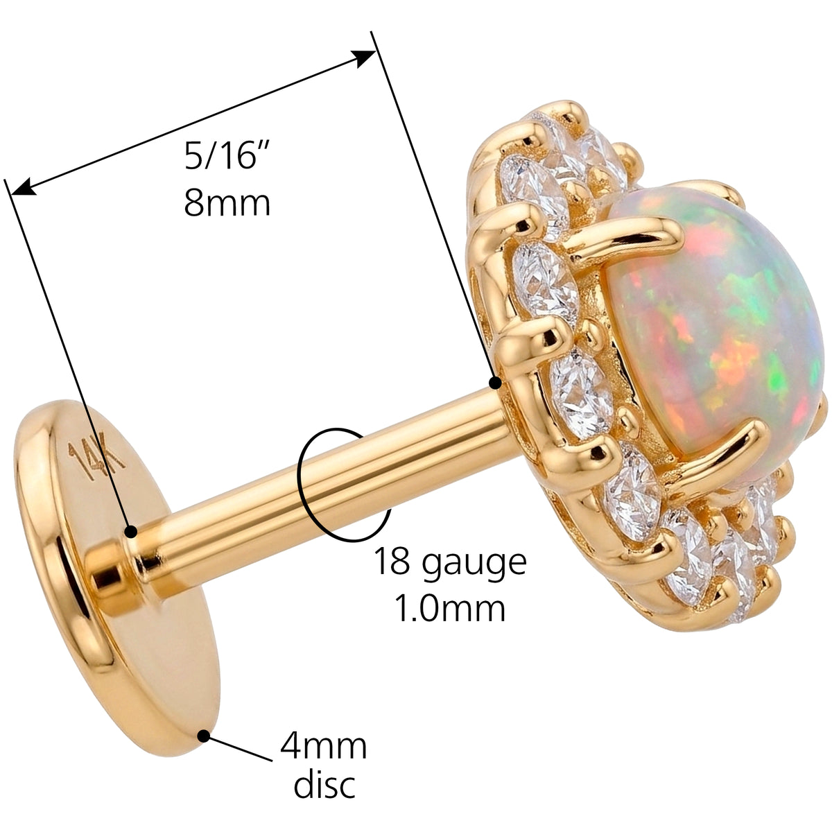 Solid 14k Yellow Gold Opal Sunburst Halo Synthetic Opal and CZ 18G Flat Back Earring