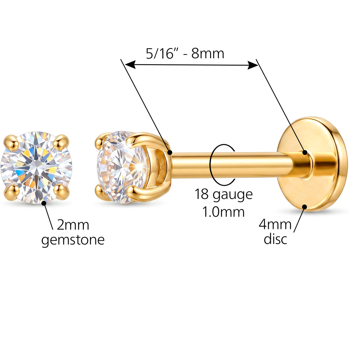 Solid 14k Yellow Gold 2mm Classic Solitaire CZ 18G Flat Back Earring