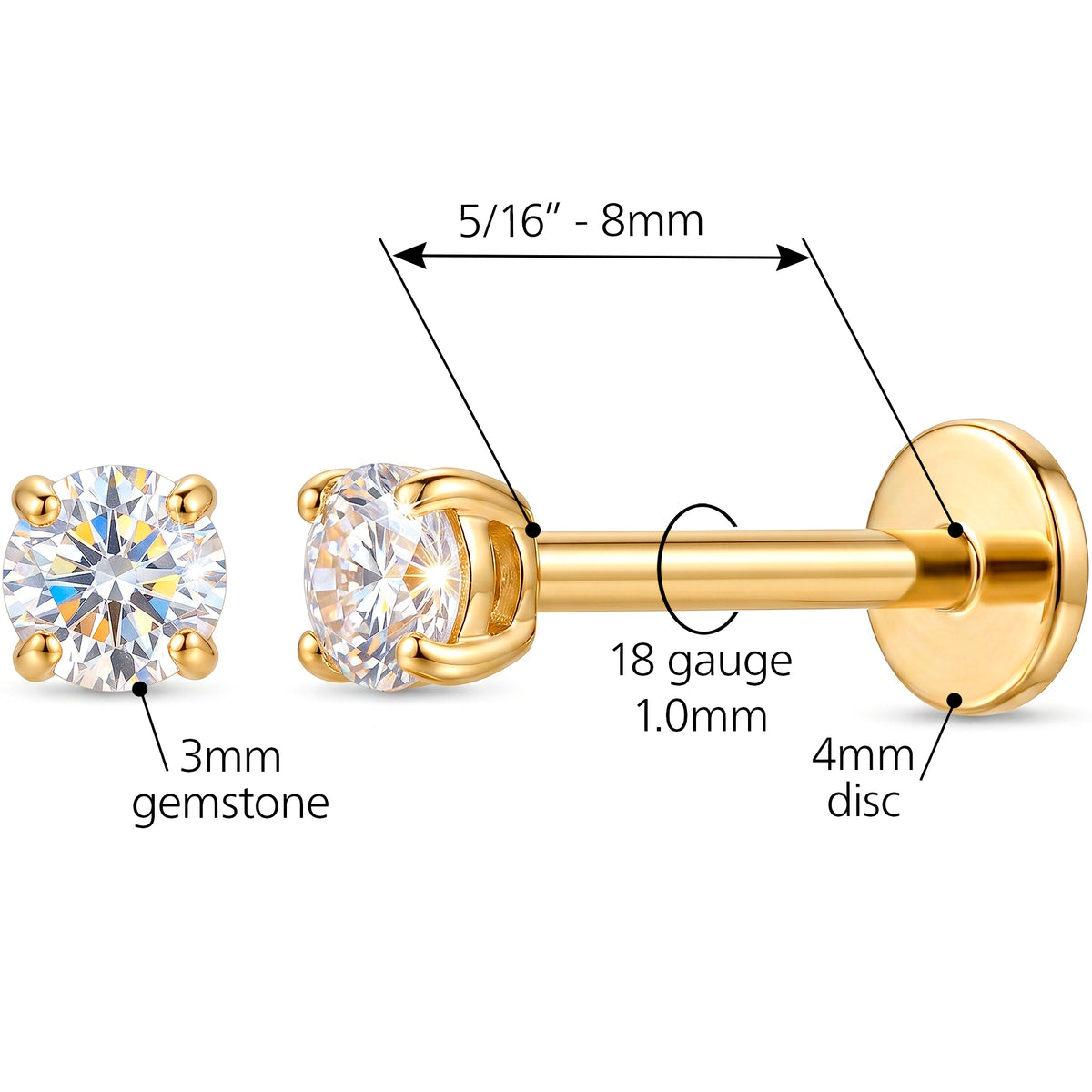 Solid 14k Yellow Gold 3mm Classic Solitaire CZ 18G Flat Back Earring