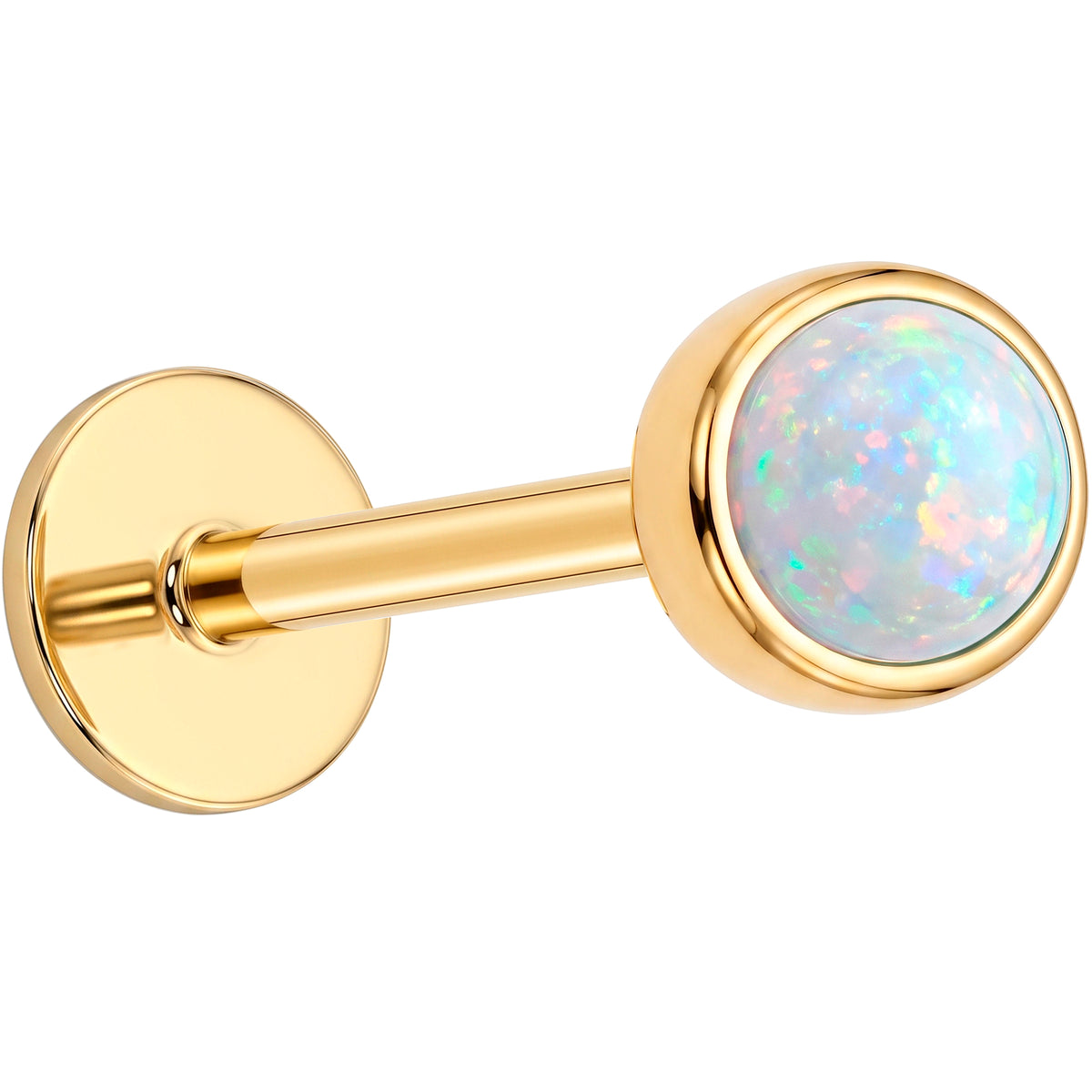 Solid 14k Yellow Gold Iridescent Opal Bezel Synthetic Opal 18G Flat Back Earring