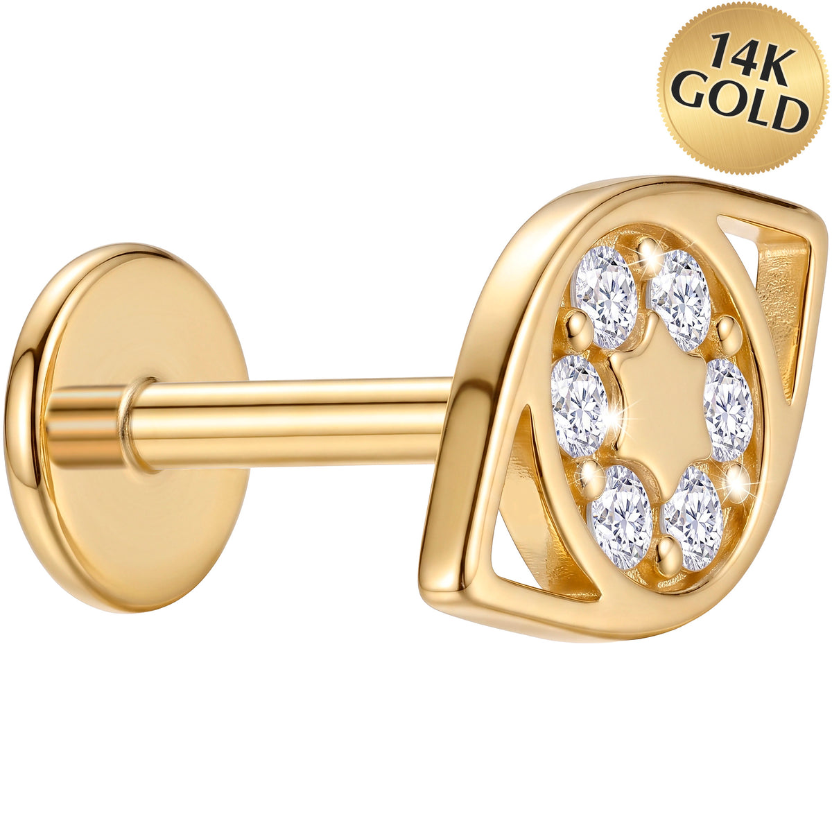Solid 14k Yellow Gold Modern Oval Swirl CZ 18G Flat Back Earring