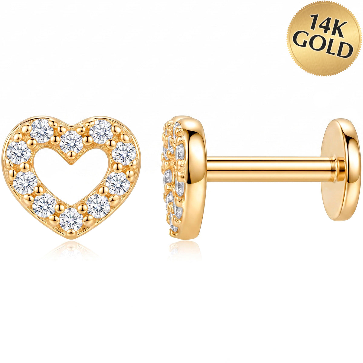 Solid 14k Yellow Gold Open Heart Sparkle CZ 18G Flat Back Earring
