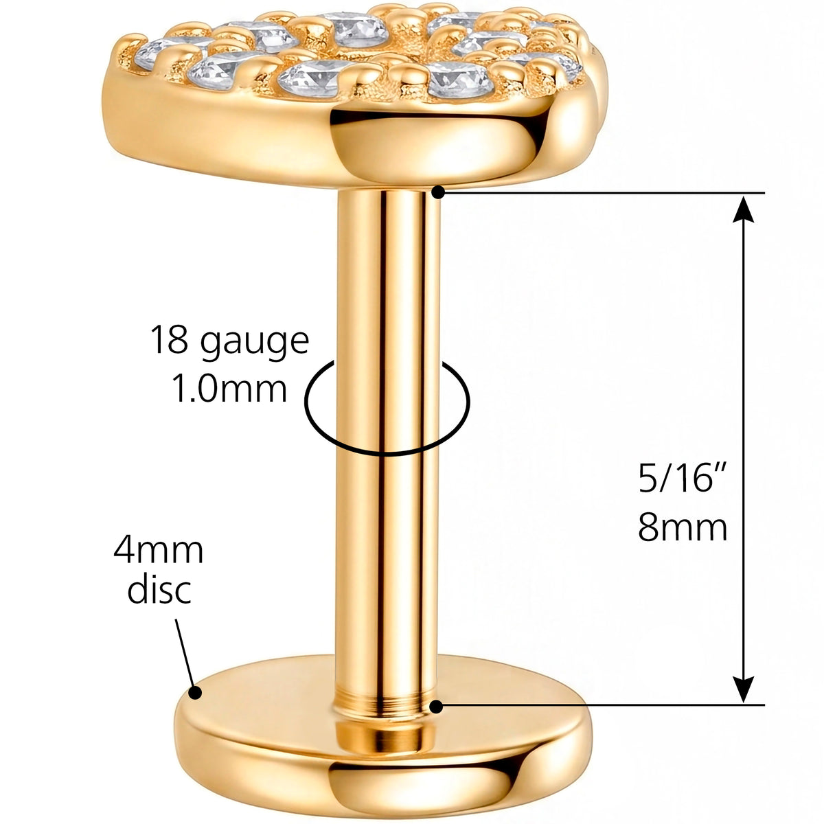 Solid 14k Yellow Gold Open Heart Sparkle CZ 18G Flat Back Earring