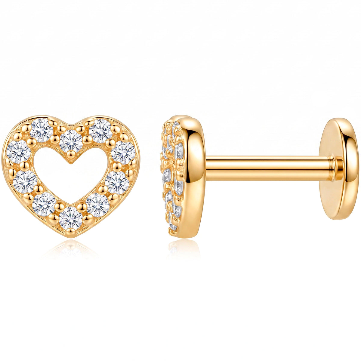 Solid 14k Yellow Gold Open Heart Sparkle CZ 18G Flat Back Earring