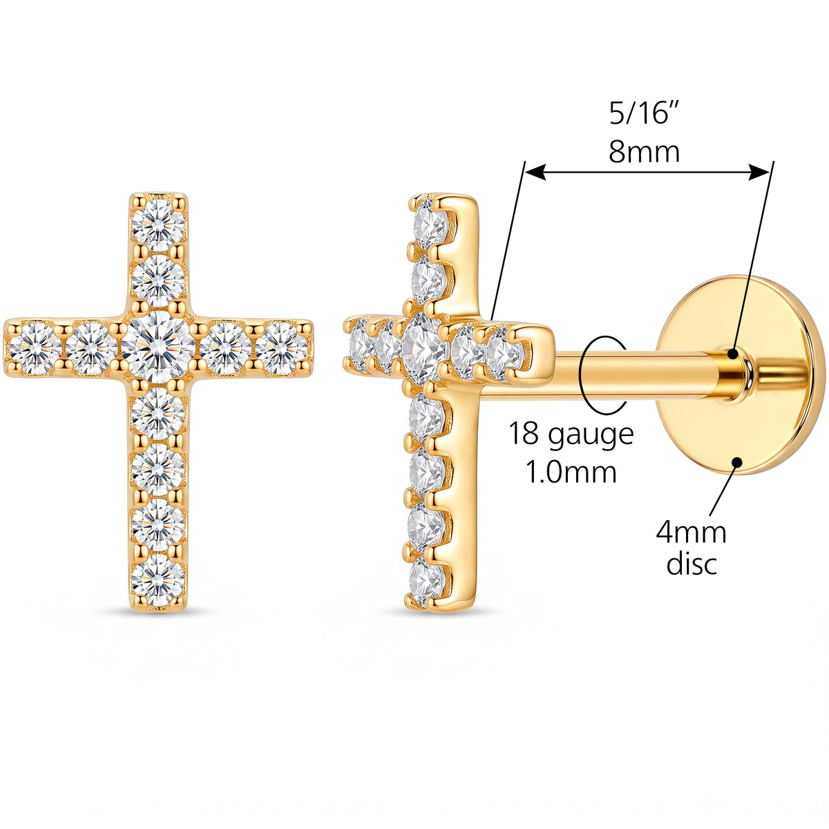 Solid 14k Yellow Gold Cross of Light CZ 18G Flat Back Earring