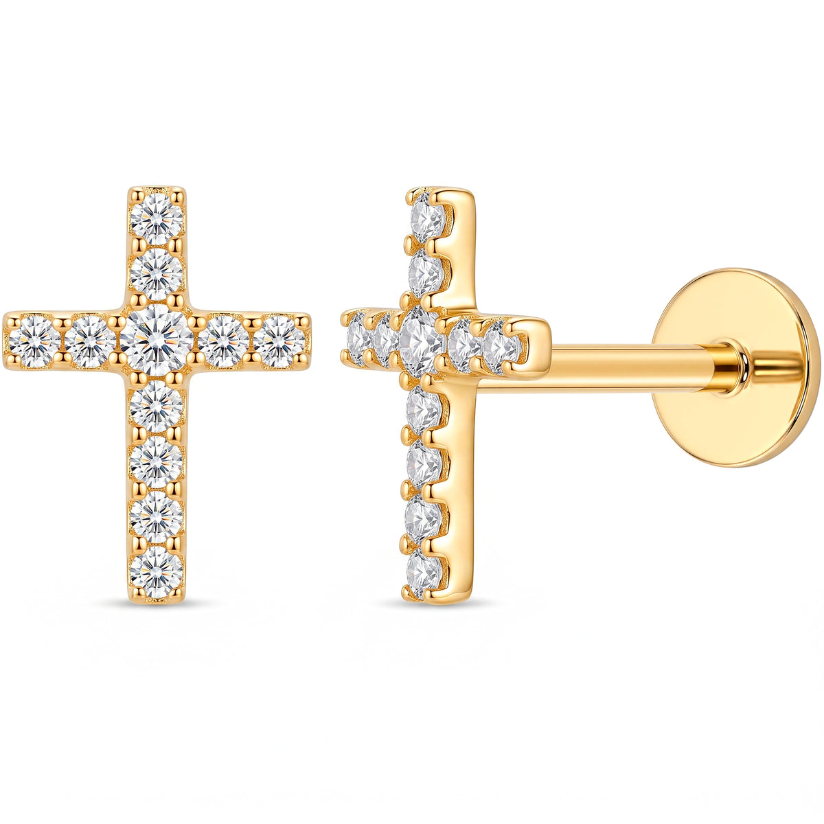 Solid 14k Yellow Gold Cross of Light CZ 18G Flat Back Earring