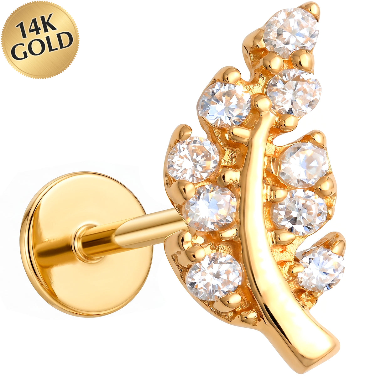 Solid 14k Yellow Gold Celestial Crescent Arc CZ 18G Flat Back Earring