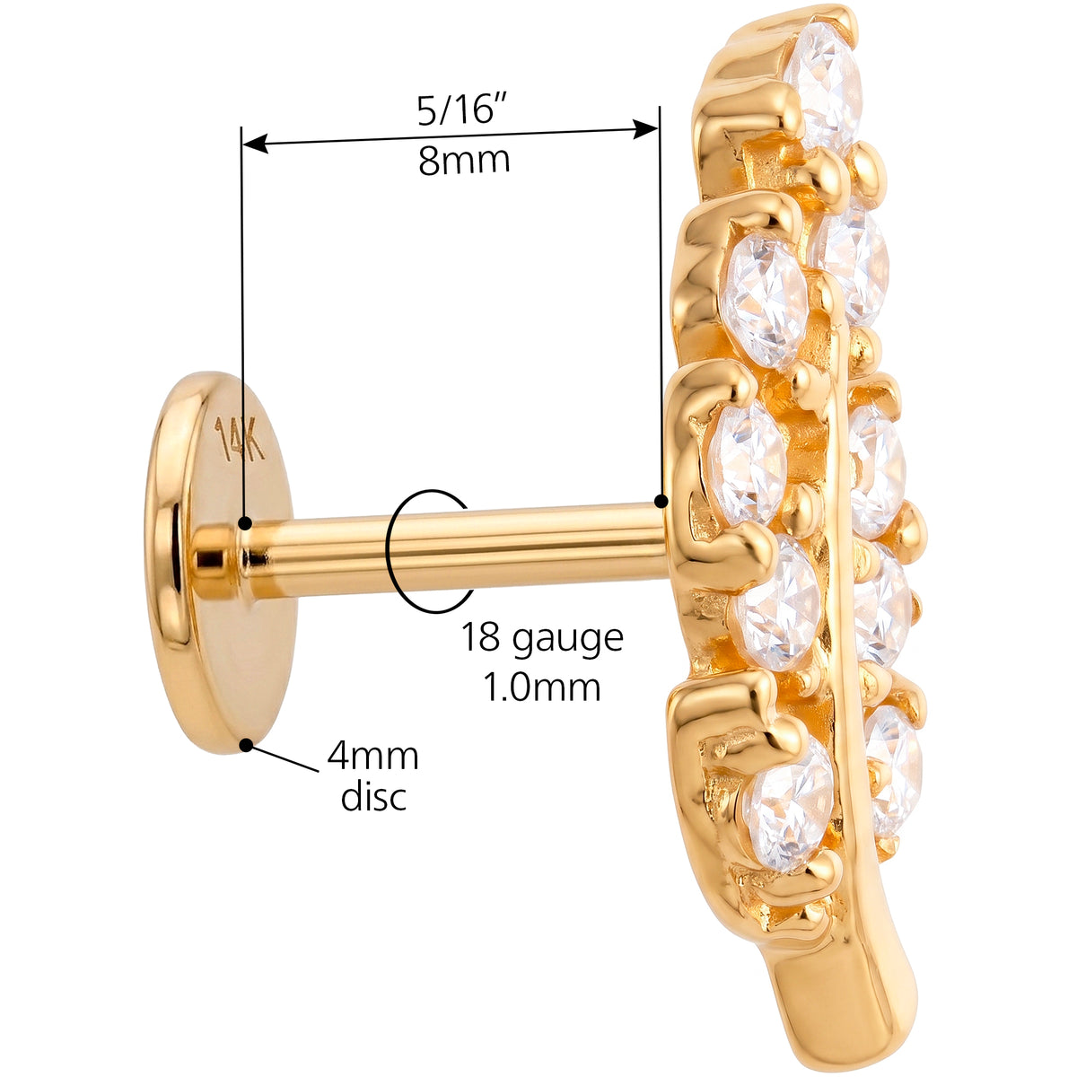 Solid 14k Yellow Gold Celestial Crescent Arc CZ 18G Flat Back Earring