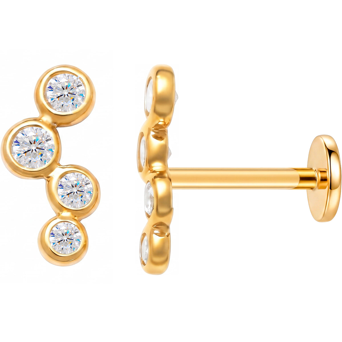 Solid 14k Yellow Gold Graduated Four Stone Drop CZ 18G Flat Back Earring