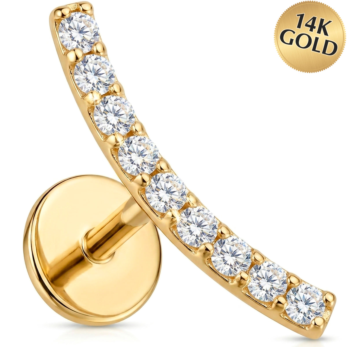 Solid 14k Yellow Gold Curved Pave Sweep CZ 18G Flat Back Earring
