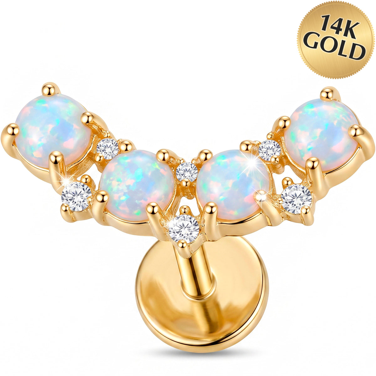 Solid 14k Yellow Gold Opal Petal Garland Synthetic Opal and CZ 18G Flat Back Earring