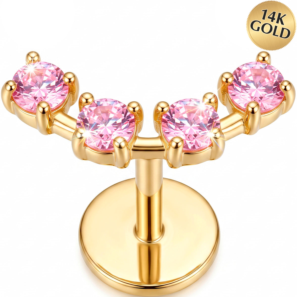 Solid 14k Yellow Gold Pink Blossom Arc CZ 18G Flat Back Earring