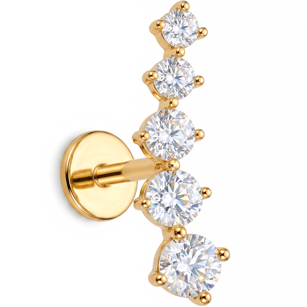 Solid 14k Yellow Gold Graduated Crystal Cascade CZ 18G Flat Back Earring