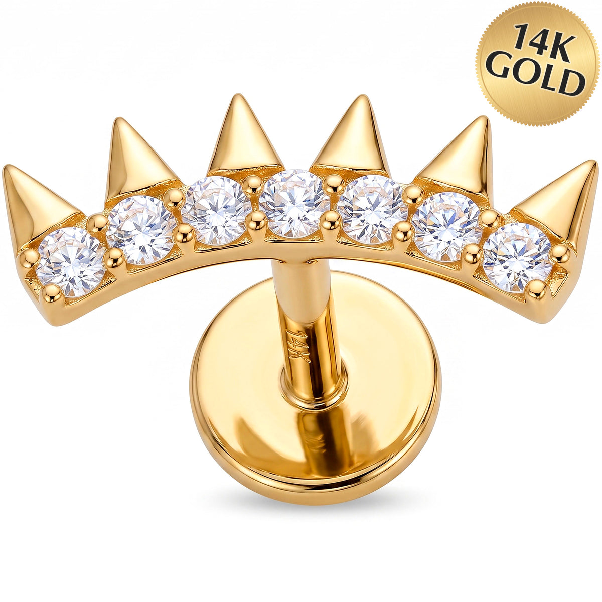 Solid 14k Yellow Gold Edgy Crystal Spike Crown CZ 18G Flat Back Earring