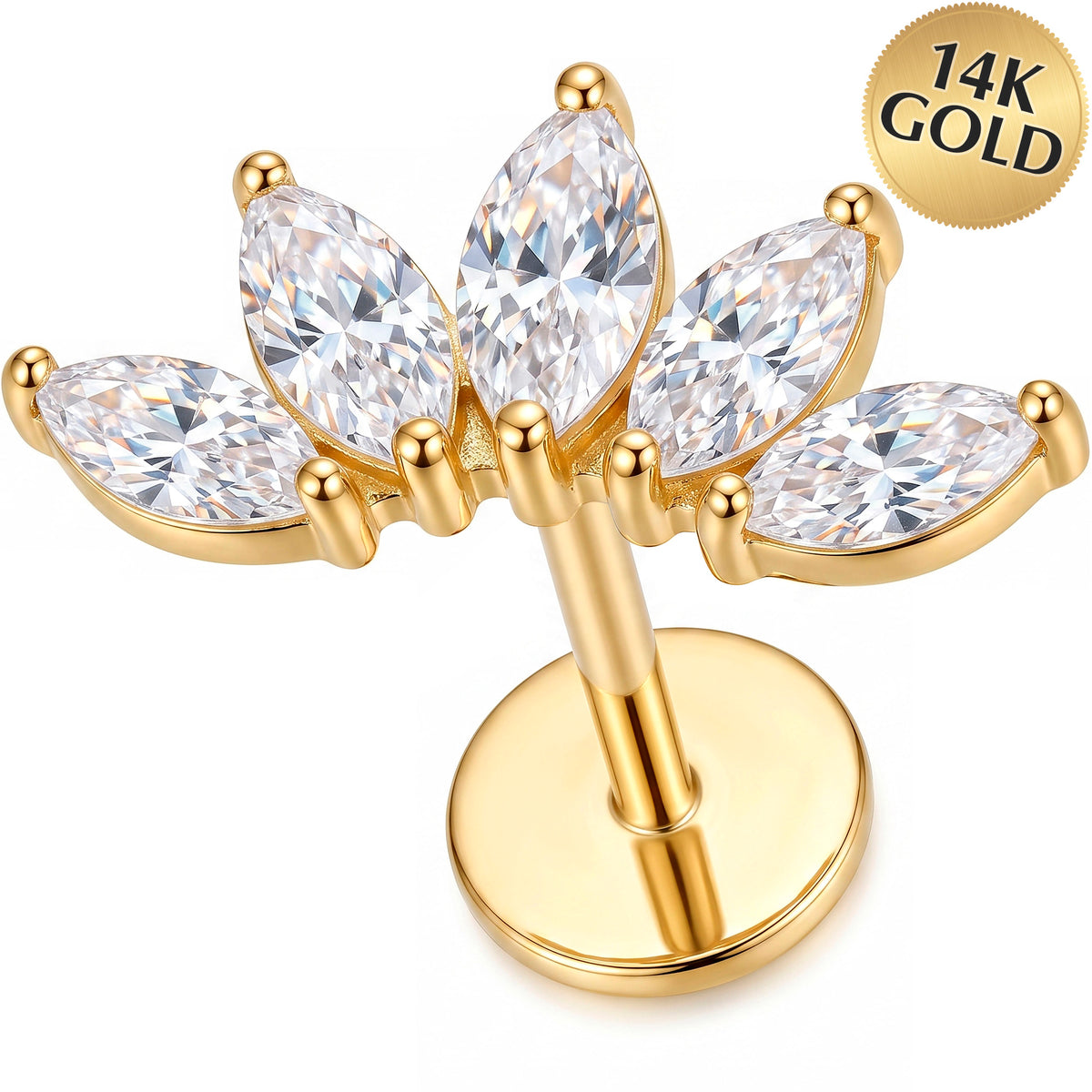 Solid 14k Yellow Gold Marquise Floral Bloom CZ 18G Flat Back Earring