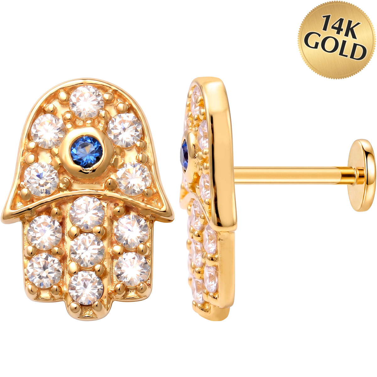 Solid 14k Yellow Gold Protective Hamsa Hand CZ 18G Flat Back Earring