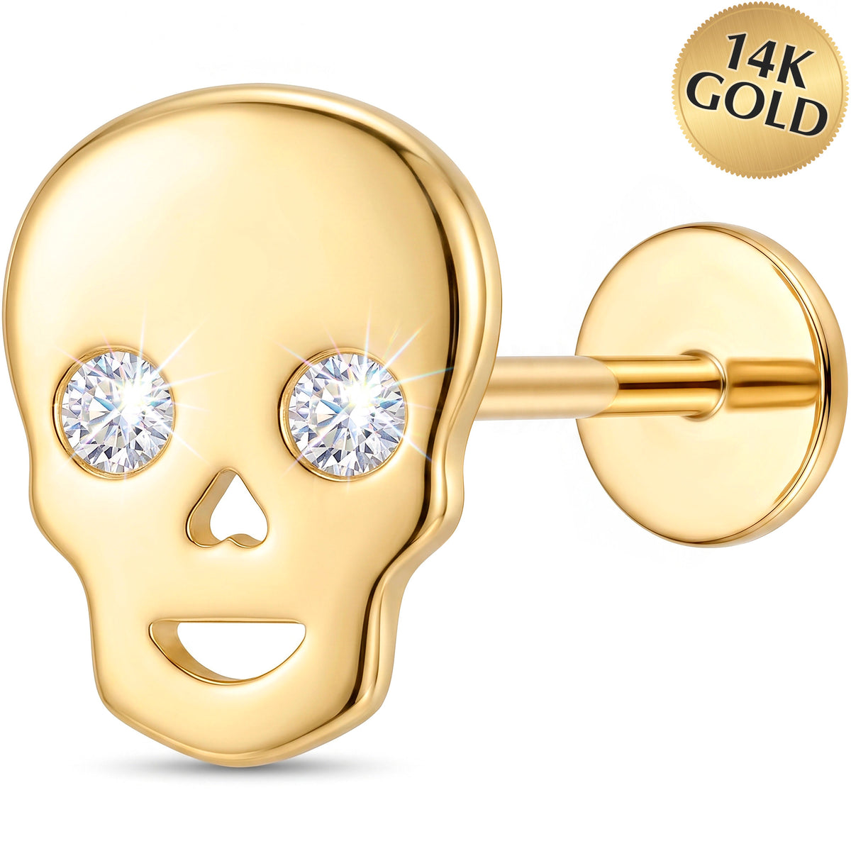 Solid 14k Yellow Gold Playful Skull CZ 18G Flat Back Earring