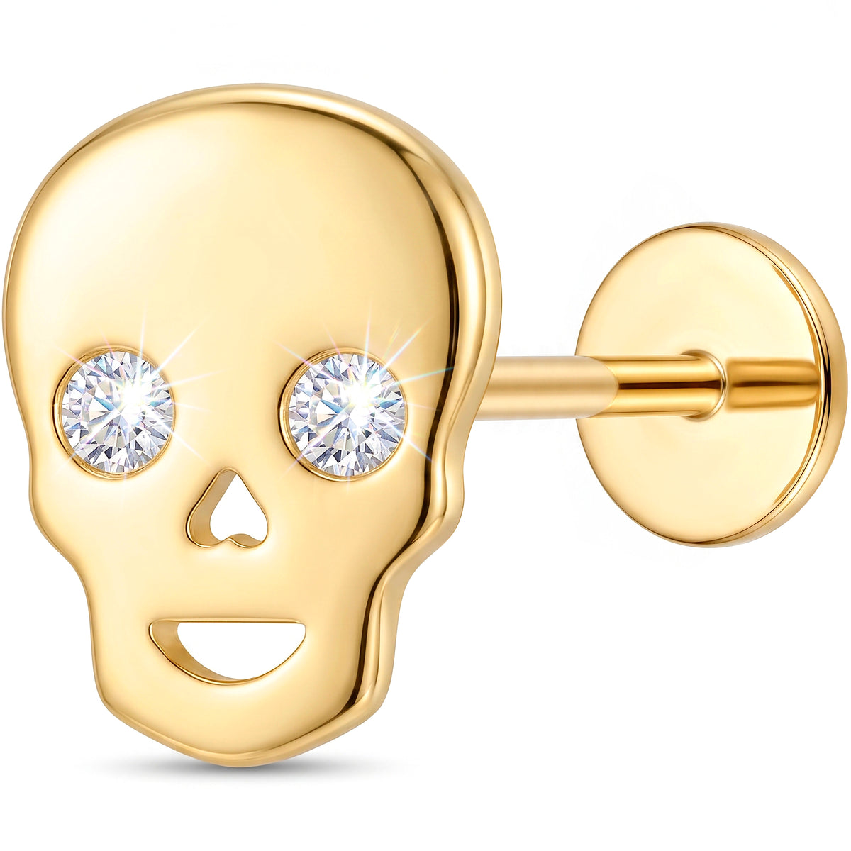 Solid 14k Yellow Gold Playful Skull CZ 18G Flat Back Earring
