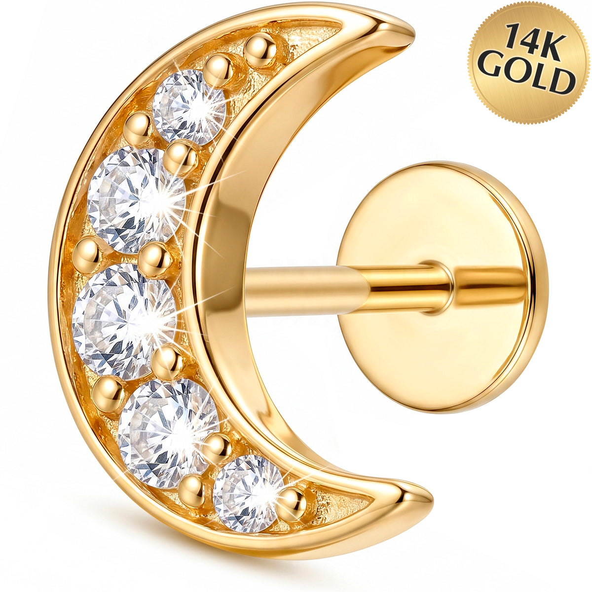 Solid 14k Yellow Gold Moonlight Crescent CZ 18G Flat Back Earring