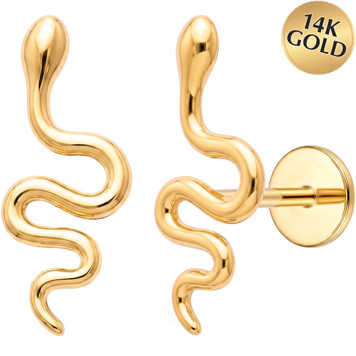 Solid 14k Yellow Gold Serpentine Gold Snake 18G Flat Back Earring