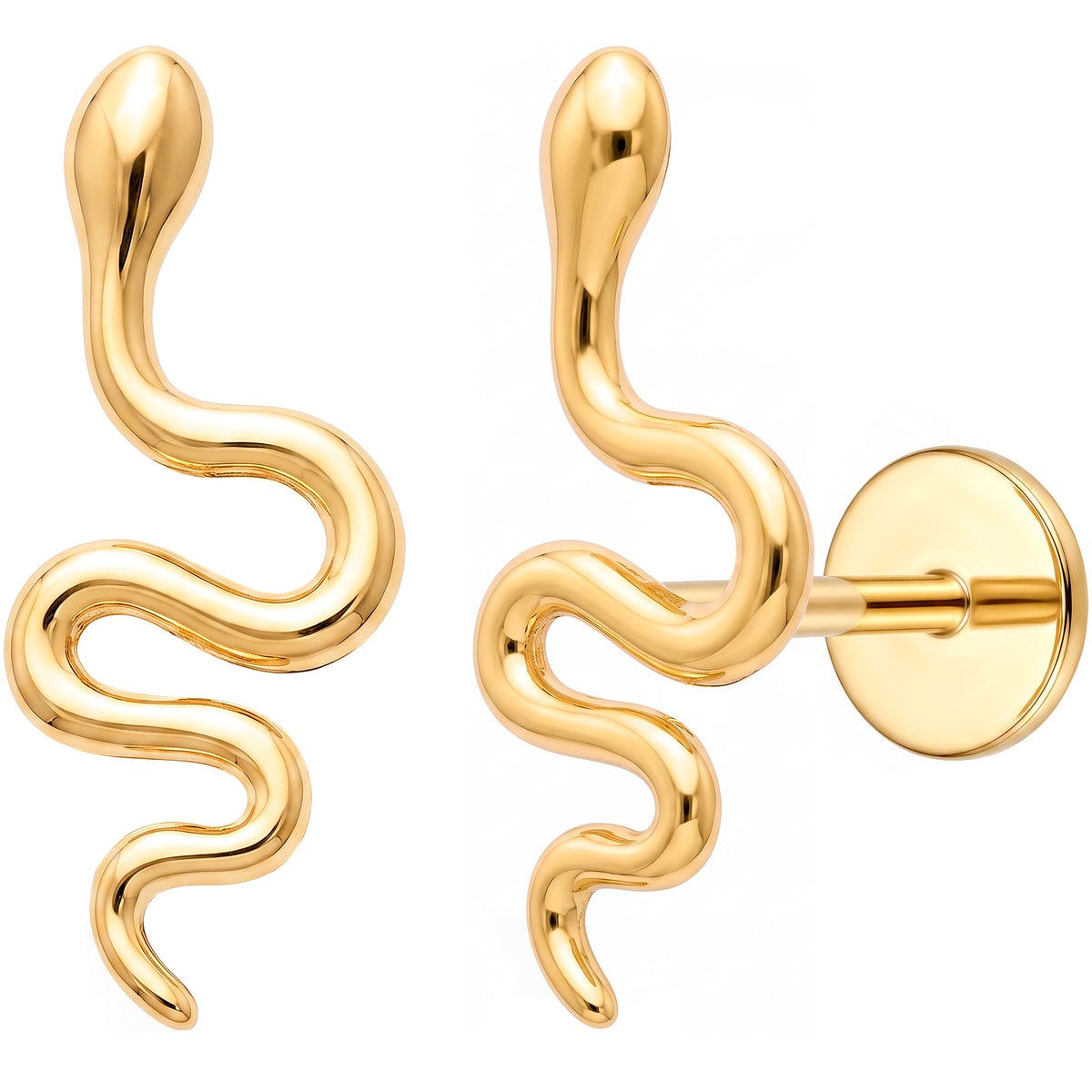 Solid 14k Yellow Gold Serpentine Gold Snake 18G Flat Back Earring