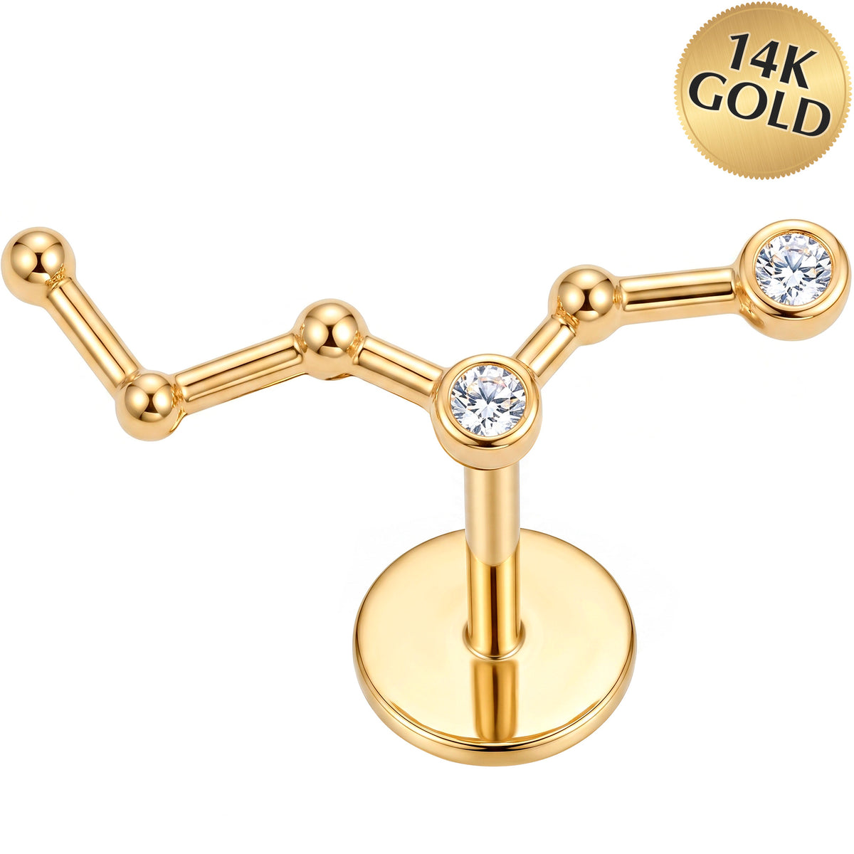 Solid 14k Yellow Gold Celestial Constellation CZ 18G Flat Back Earring