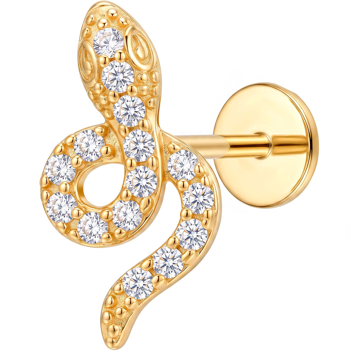 Solid 14k Yellow Gold Sparkling Ribbon Loop CZ 18G Flat Back Earring