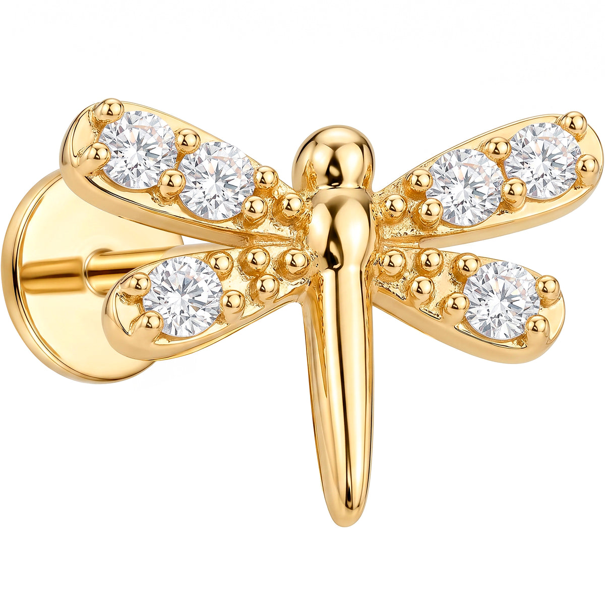 Solid 14k Yellow Gold Dragonfly Wings CZ 18G Flat Back Earring