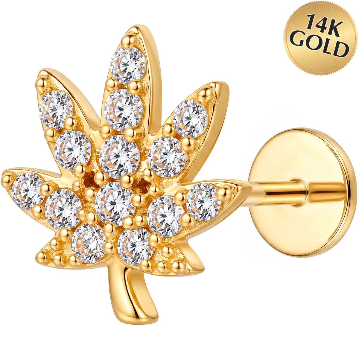 Solid 14k Yellow Gold Crystal Maple Leaf CZ 18G Flat Back Earring
