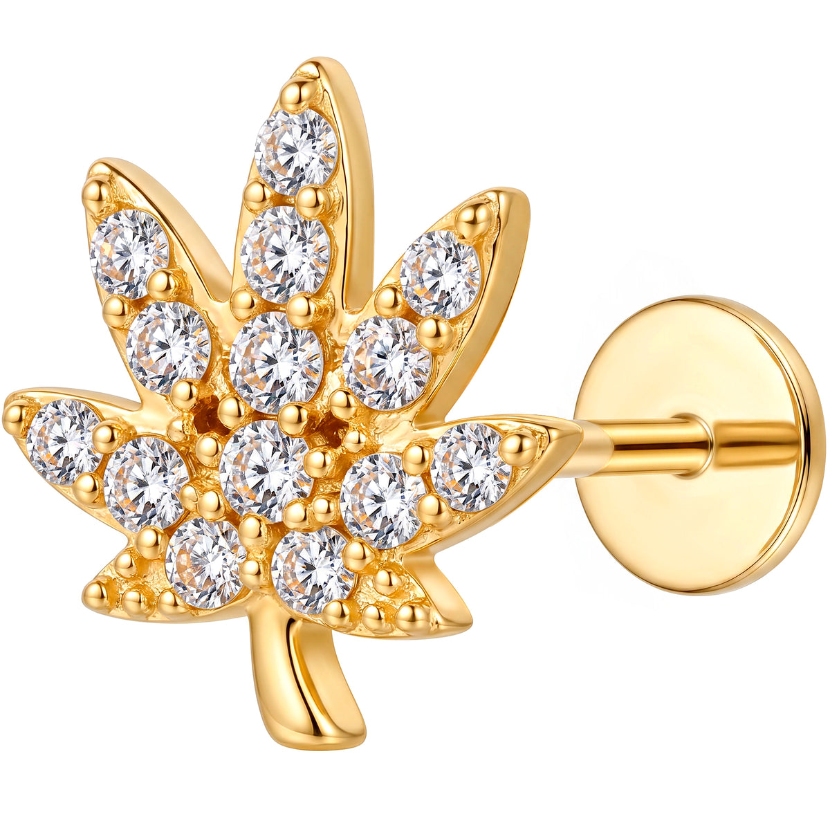 Solid 14k Yellow Gold Crystal Maple Leaf CZ 18G Flat Back Earring
